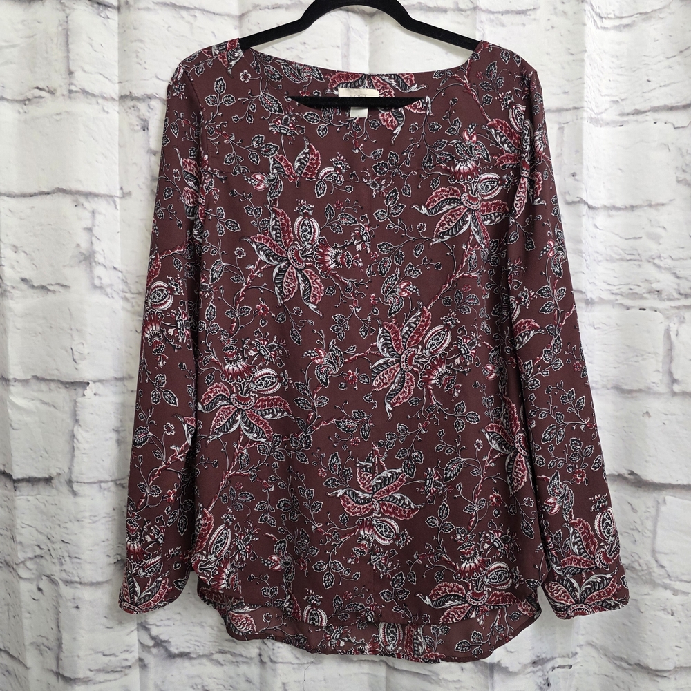 LOFT Outlet Burgundy Floral Boat Neck Blouse Size Large